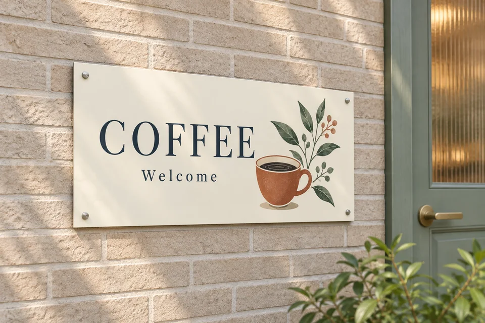 レンガ壁に取り付けた、コーヒーカップと植物を印刷した横長のプレート看板