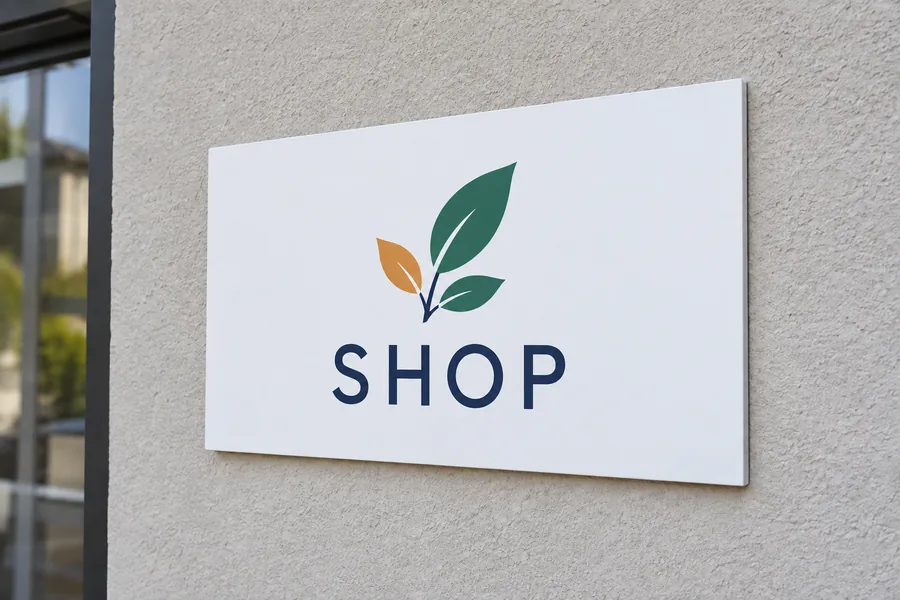 壁面に取り付けた、緑とオレンジの葉マークと紺色のSHOPの文字入りの四角形プレート看板