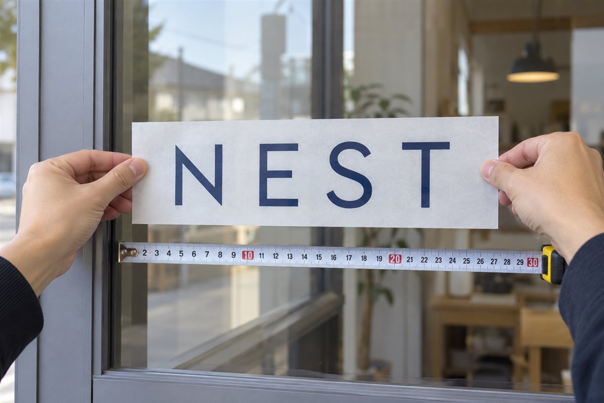 台紙付きのNESTステッカーをガラスに合わせて貼る位置を確認している様子