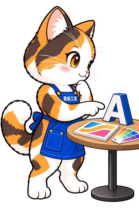 横向きで切り文字と色見本を案内するミィちゃん
