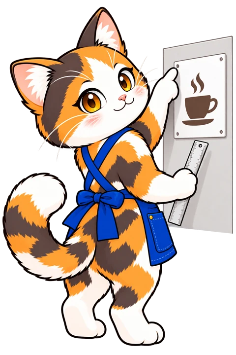 斜め後ろからプレート看板の穴と取り付け位置を確認するミィちゃん