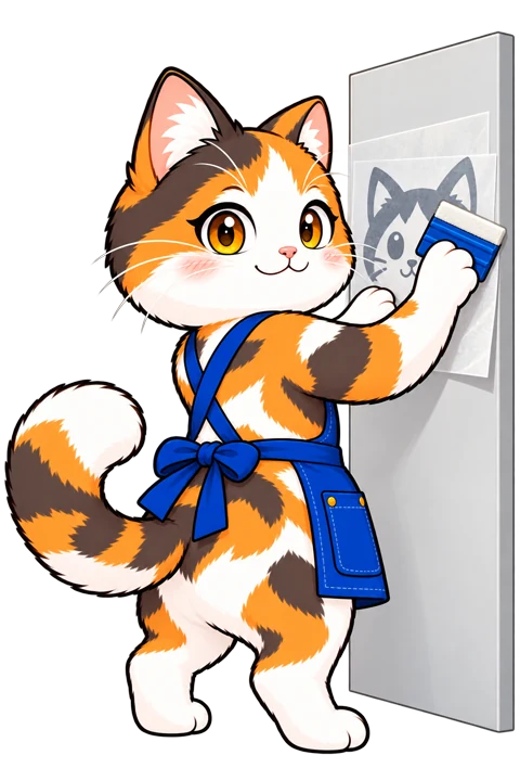 斜め後ろから青いフェルト付きスキージーでシートを圧着するミィちゃん